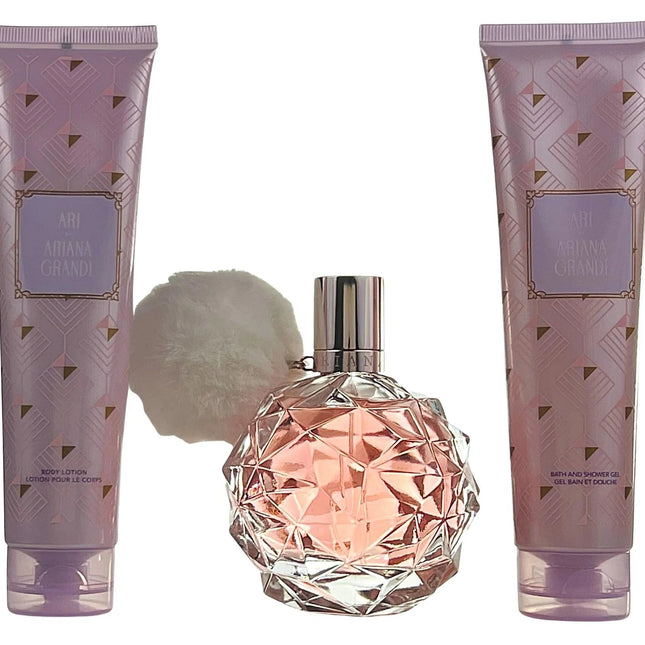 Ariana Grande Ari 3PC Gift Set for Women [3.4oz Eau de Parfum Spray, 3.4oz Body Lotion, 3.4oz Bath and Shower Gel]