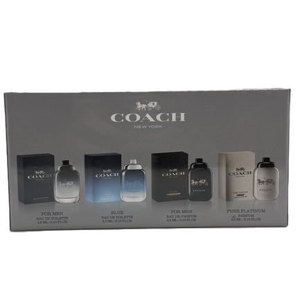 Coach New York 4PC Mini Gift Set for Men [0.15oz For Men Eau de Toilette, 0.15oz Blue Eau de Toilette, 0.15oz For Men Eau de Parfum, 0.15oz Pure Platinum Parfum]