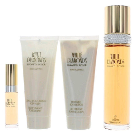 Elizabeth Taylor White Diamonds 4PC Gift Set for Women [3.3oz Eau de Toilette Spray, 0.33oz EDT Mini, 3.3oz Body Lotion, 3.3oz Body Wash]