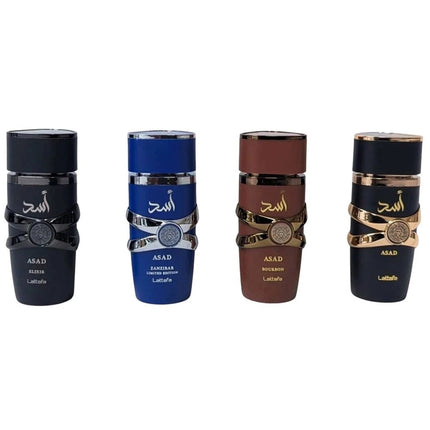 Lattafa Asad Collection 4PC Gift Set for Men [25ml Asad Eau de Parfum, 25ml Asad Zanzibar Limited Edition Eau de Parfum, 25ml Asad Bourbon Eau de Parfum, 25ml Asad Elixir Eau de Parfum]