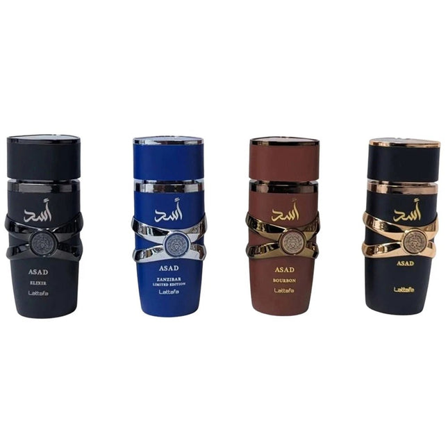 Lattafa Asad Collection 4PC Gift Set for Men [25ml Asad Eau de Parfum, 25ml Asad Zanzibar Limited Edition Eau de Parfum, 25ml Asad Bourbon Eau de Parfum, 25ml Asad Elixir Eau de Parfum]