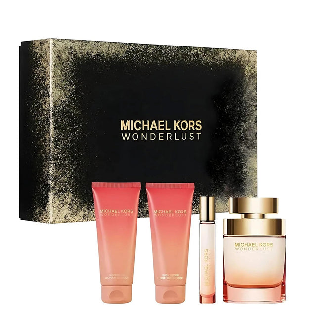 Michael Kors Wonderlust 4PC Gift Set for Women [3.4oz Eau de Parfum Spray, 3.4oz Body Lotion, 3.4oz Shower Gel, 0.34oz Travel EDP]